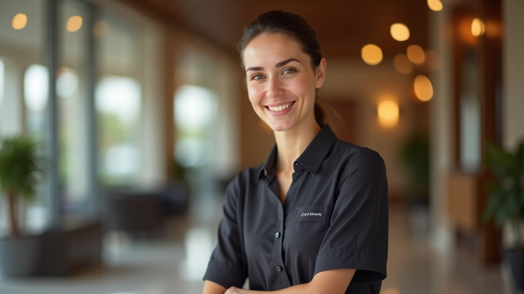 Mulher em uniforme hoteleiro na receção a cumprimentar um hóspede com sorriso profissional